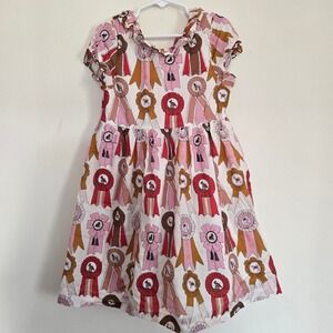 Pink Chicken Girls Dog Show Award Ribbon Print Dress Pink Red Gold Size 7Y
